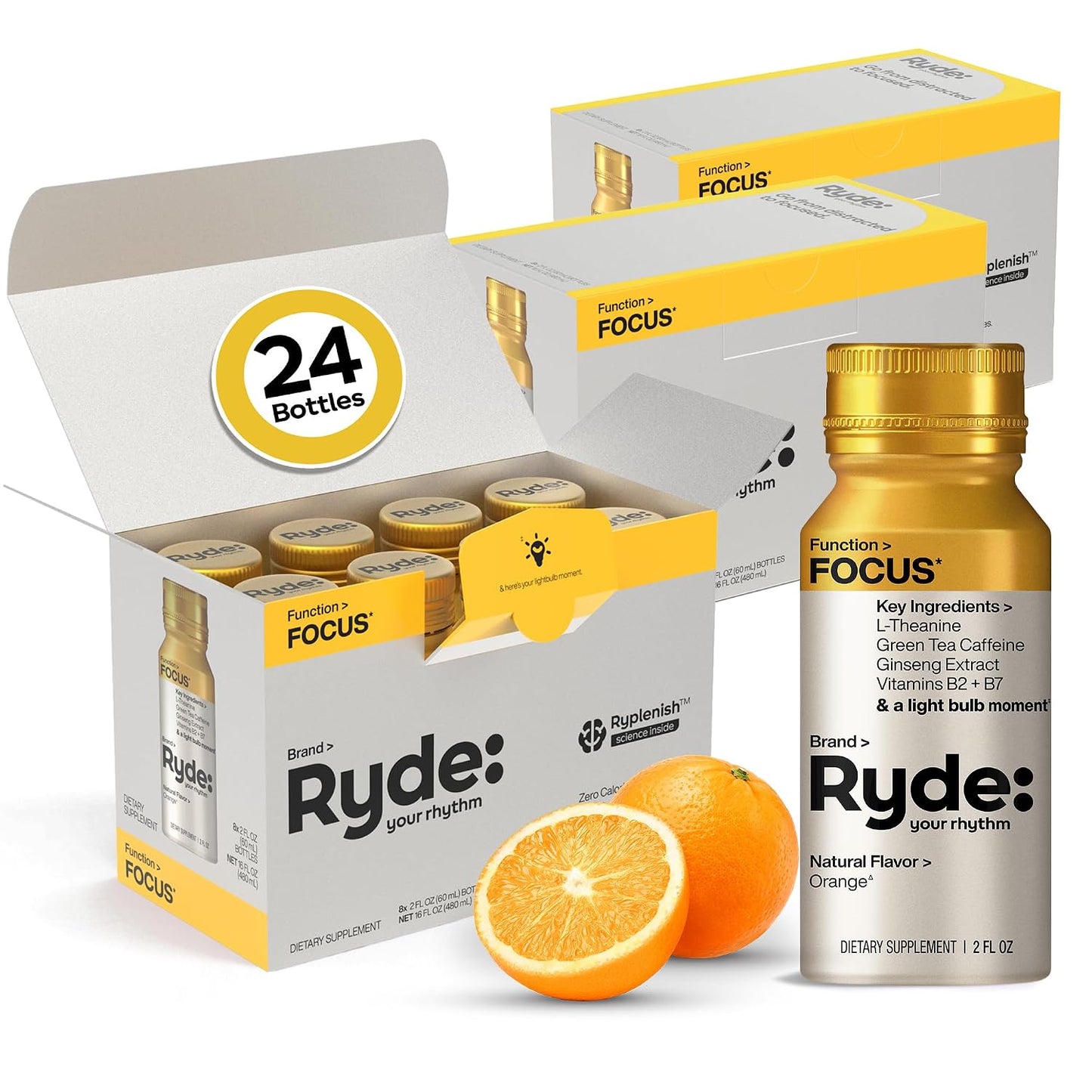 RYDE Focus Energy Shot, Orange Flavor, Zero Sugar, 2 fl oz, 24 Pack | mental clarity; study support; workday alertness; daily focus supply