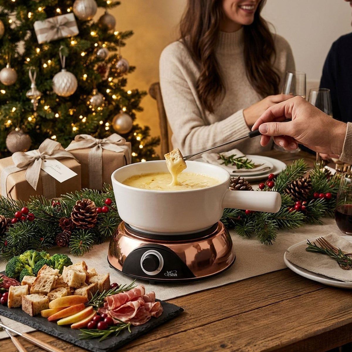 Artestia Electric Fondue Pot 2-QT 1500W, Dual-Use Swiss Fondue Set for Cheese & Chocolate Melting, Adjustable Temperature Control, White Ceramic Pot with Rose-Gold Base & 6 Forks
