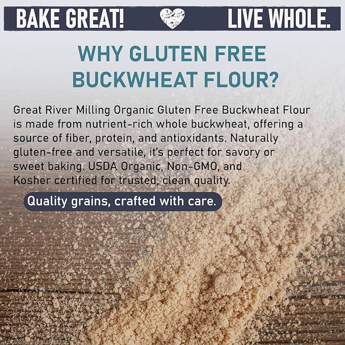 Great River Milling Organic Buckwheat Flour | Gluten Free Flour Alternative | USDA Organic, Non-GMO, Kosher | Ideal for Crepes, Pancakes, Waffles, Baking & More | 5 Lb