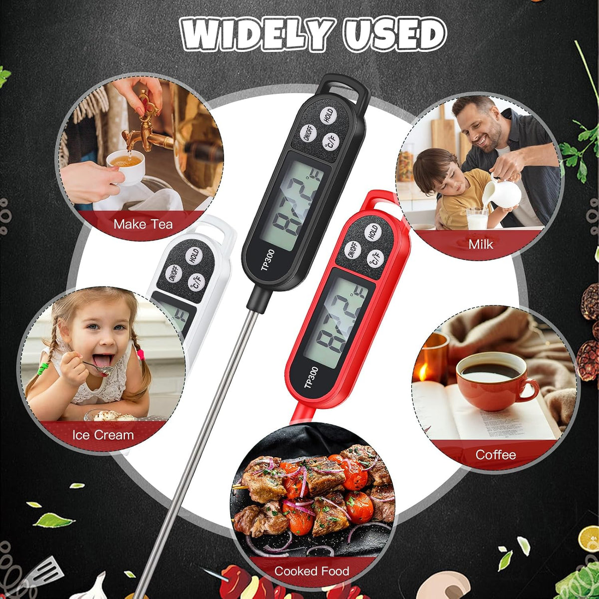 6 Pcs Food Thermometer Instant Read Probe BBQ,Black,White,Red | Meat Water Liquid Digital Waterproof Thermometer Kitchen Cooking Supplies for Cooking Milk Yogurt