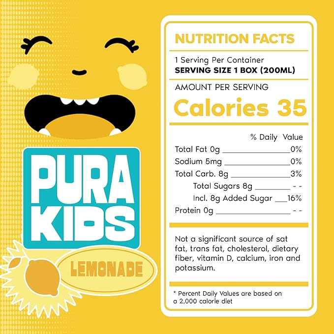 PURA Kids Box | Lemonade Fruit extract infused Drink for kids | 8g Pure Cane Sugar | Non-GMO | Vegan, No Artificial Sweeteners | Best Lunchbox Beverage with Paper Straw | 6.76 fl oz (200ml), Pack of 24