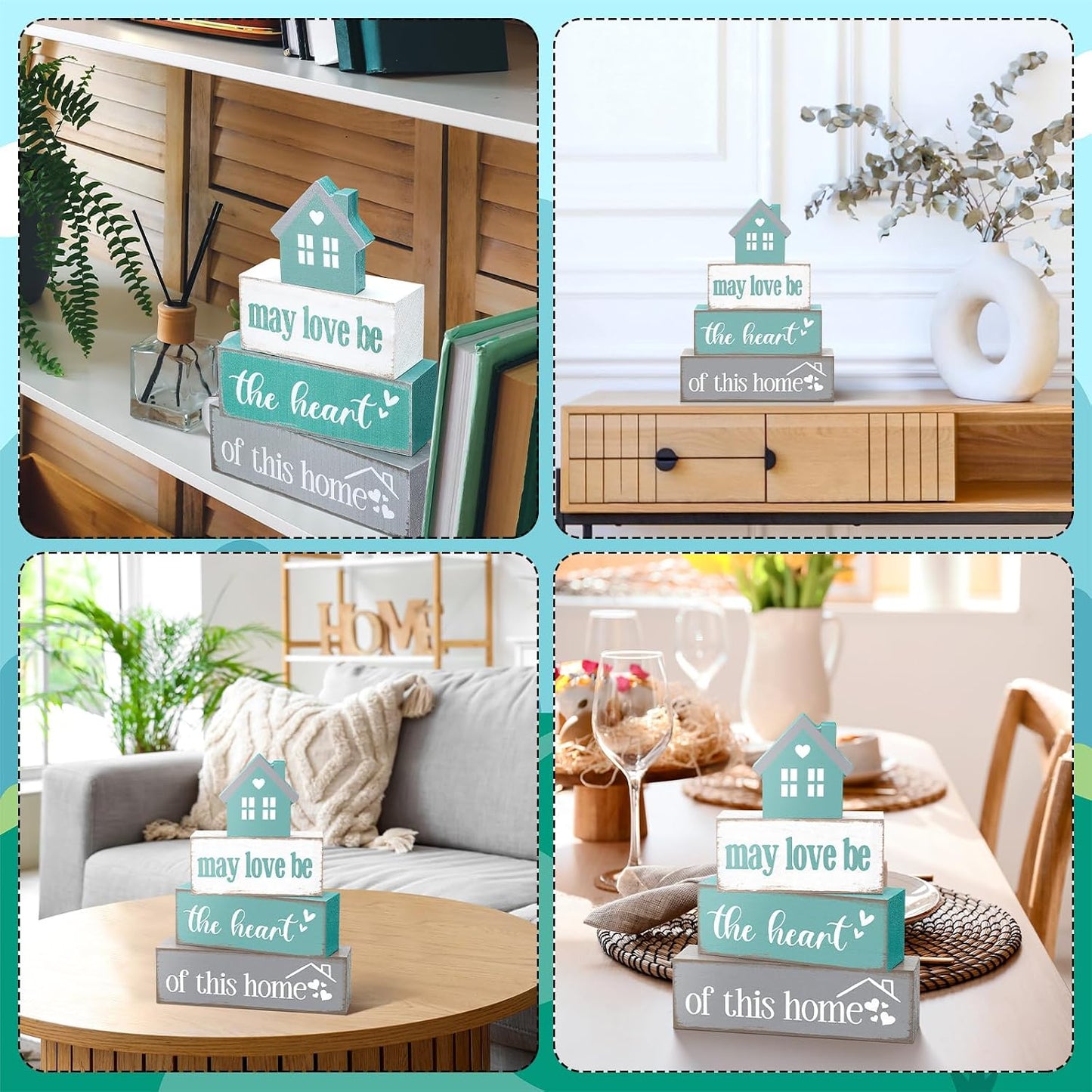 Cinnvoice 4 Pcs Farmhouse Table Decoration Rustic Sign Block,May Love Be | Home Heart Wood Sign, Teal and Grey Tabletop Centerpiece, Farmhouse Decor for Home Indoor Kitchen Shelf Tier Tray Decor