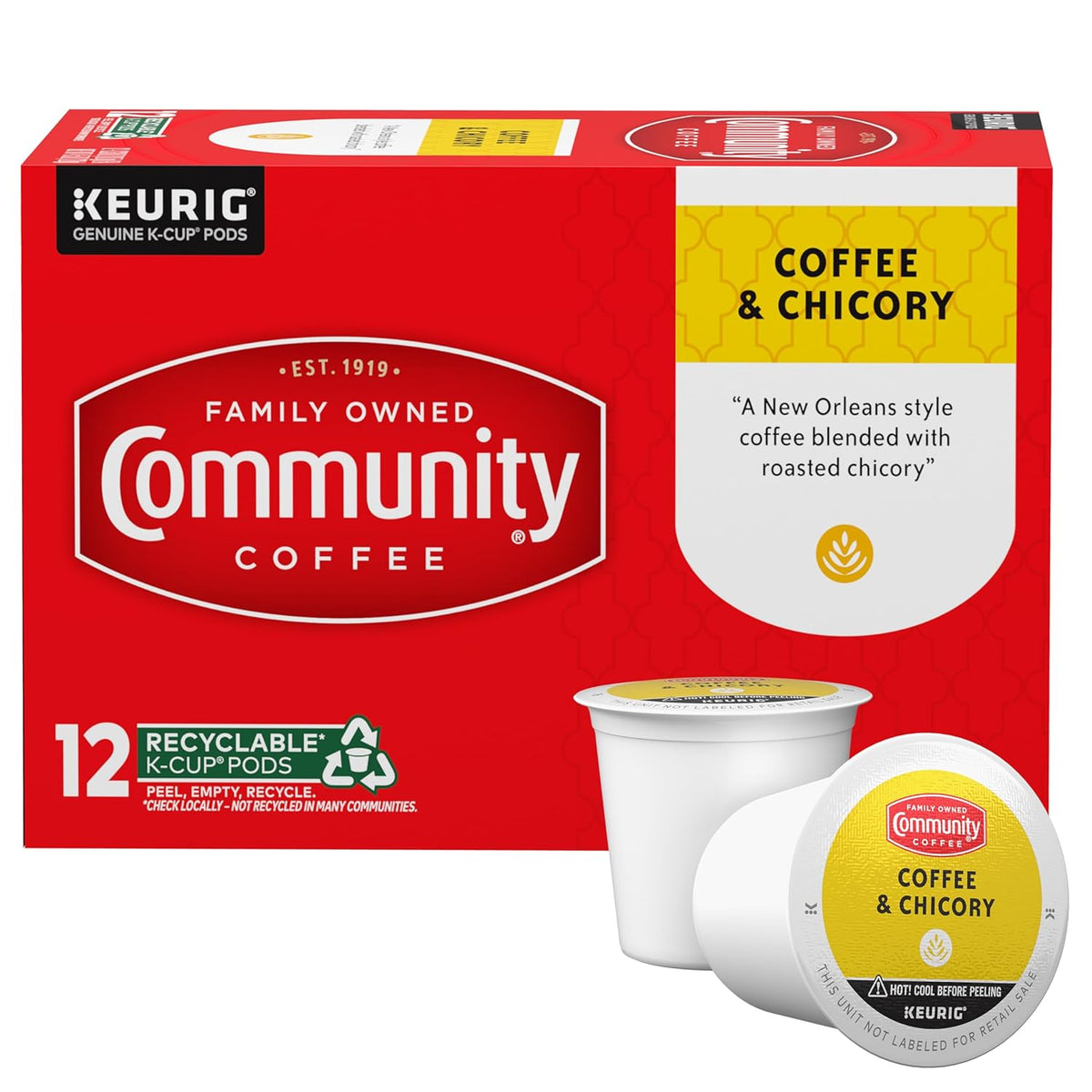 Community Coffee Coffee & Chicory 12 Count Coffee Pods, Medium-Dark Roast, Compatible with Keurig 2.