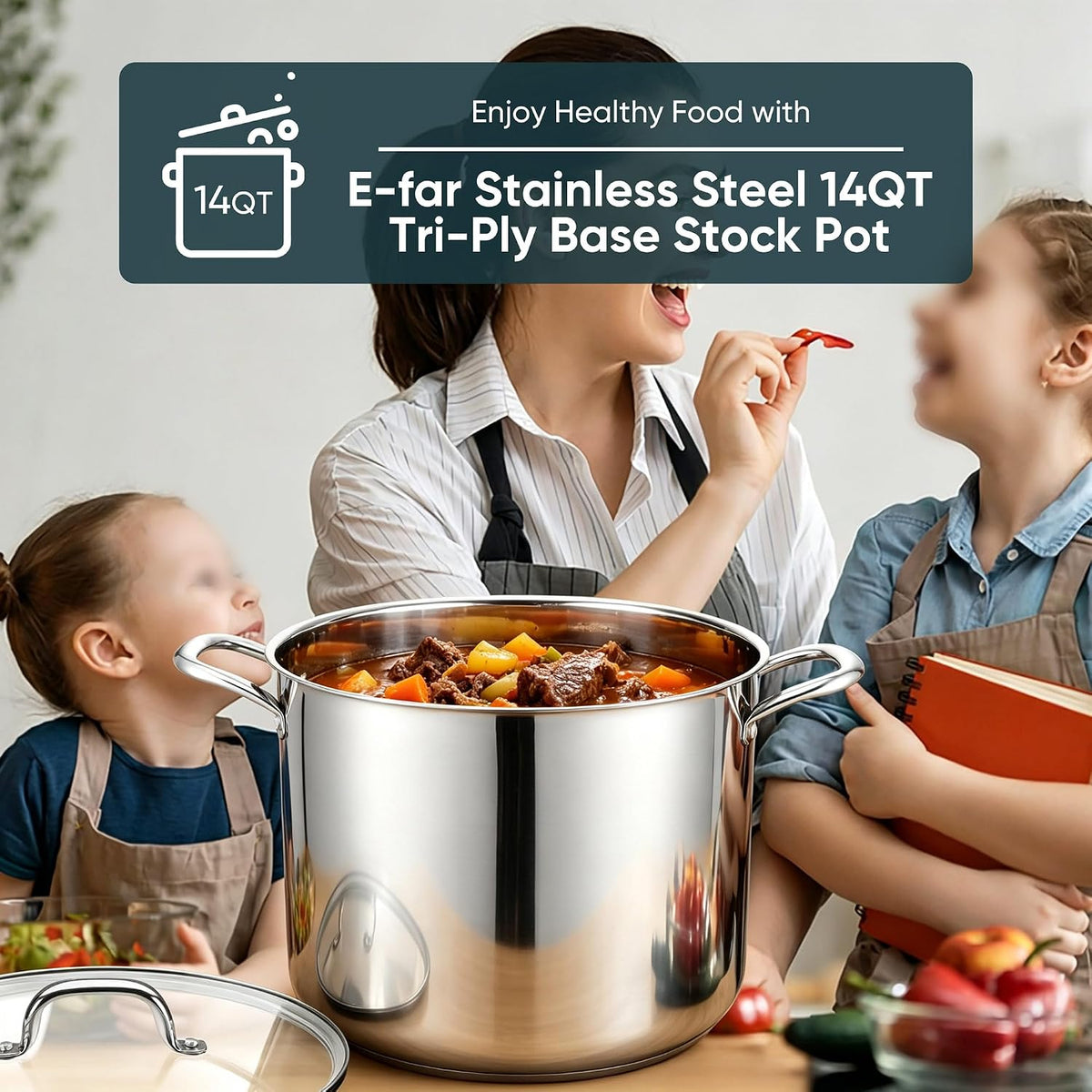 E-far 14 Quart Stainless Steel Stock Pot, Heavy Duty Induction Stockpot with Glass Lid for Cooking Soup Canning, Thick Tri-Ply Bottom & Riveted Handles, Compatible with All Stoves, Dishwasher Safe