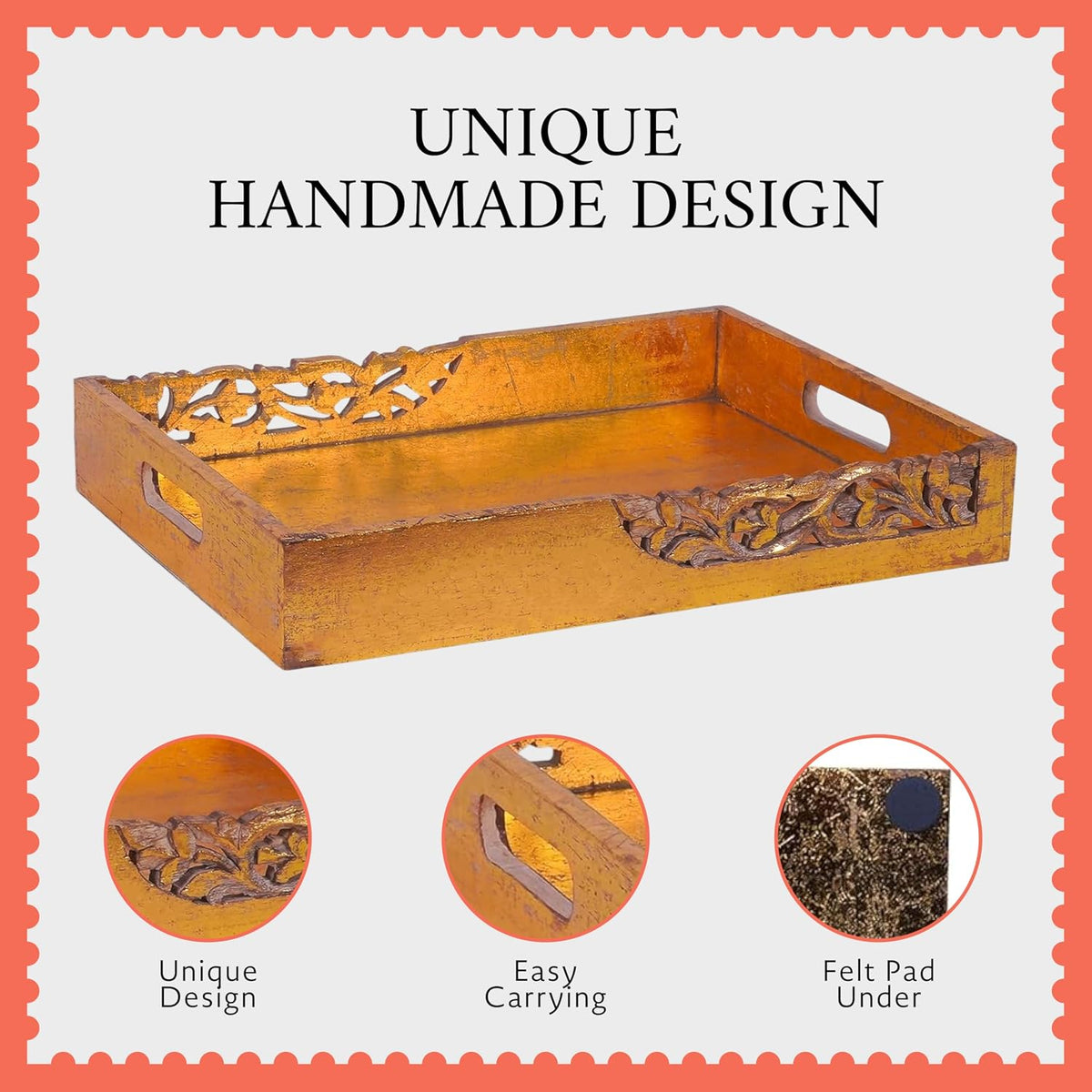 Mela Artisans Flourish Mango Wood Serving Tray - Distressed Gold, 16 in | Handcrafted serving tray board with handles for breakfast, coffee and home décor, utilizing built-in base felt pads.