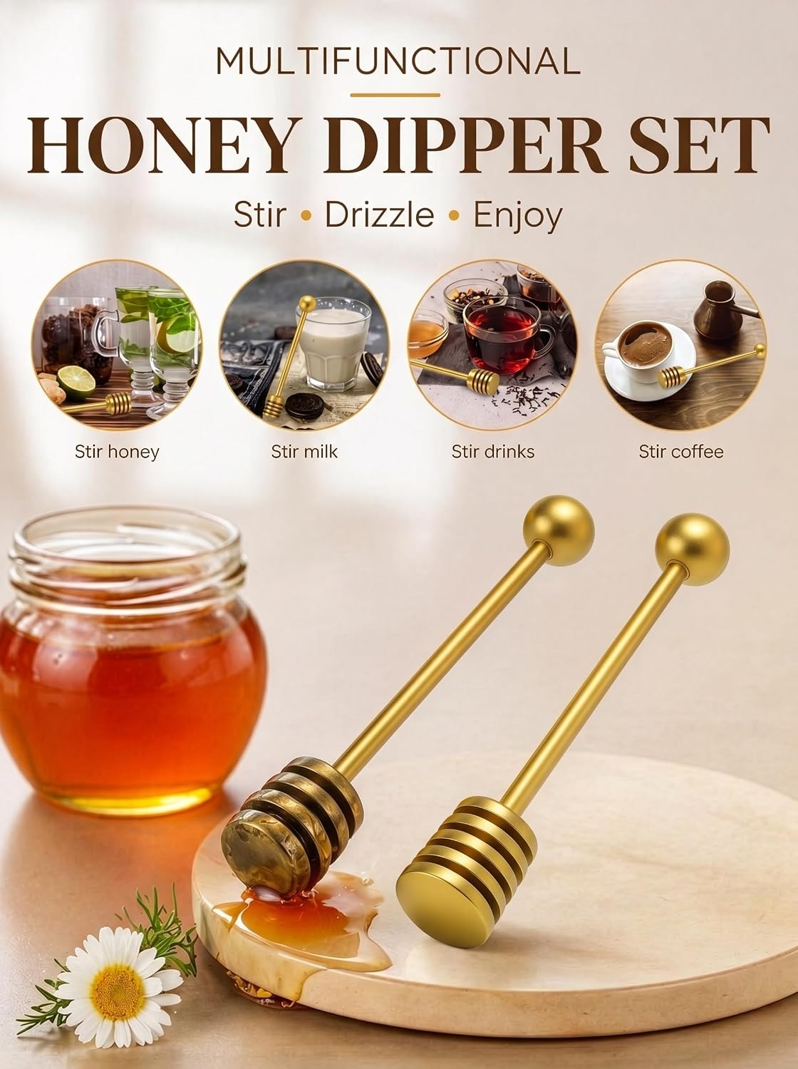 Honey Dipper, 6.3 in Stainless Steel Server Stick, 2-Pack Gold Color | Spiral Honey Dipper Design, Honeycomb Stick for Honey Jar, Syrup Drizzler, Tea Server, Dishwasher Safe Gift Pair