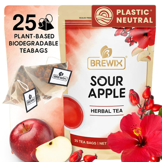 BREWIX, Sour Apple Hibiscus Tea Bags (25 Pyramid Tea Bags) Refreshing Wellness Brew for Any Mood | Caffeine-Free Herbal Fruit Tea with Real Apple, Hibiscus &amp; Rosehip | Tart, Fruity &amp; Refreshing | Hot or Iced Tea