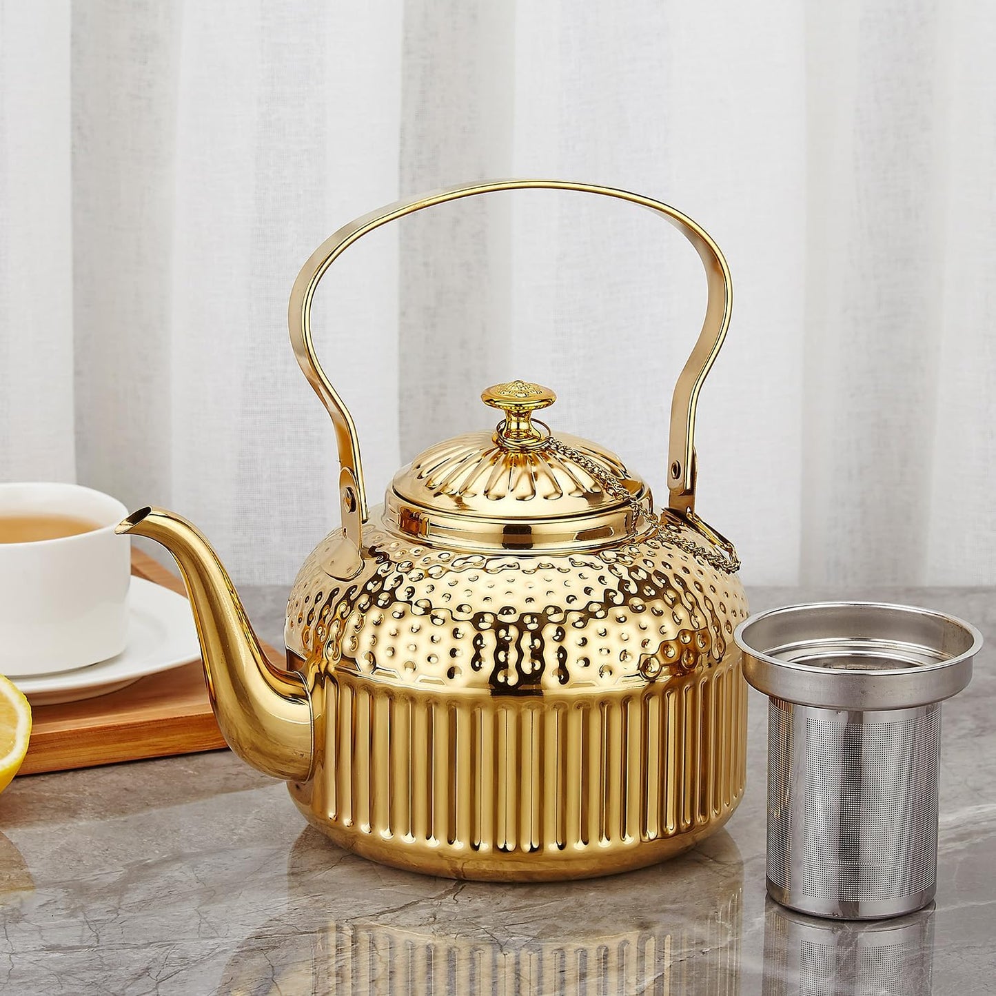 SANQIAHOME Antique 1.8L (60 Oz) Stainless Steel Teapot with Infuser Gold