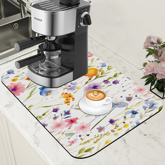 Watercolor Floral Meadow Coffee Mat Absorbent Dish Drying Mat for Kitchen Counter Hide Stain Rubber Backed Coffee Bar