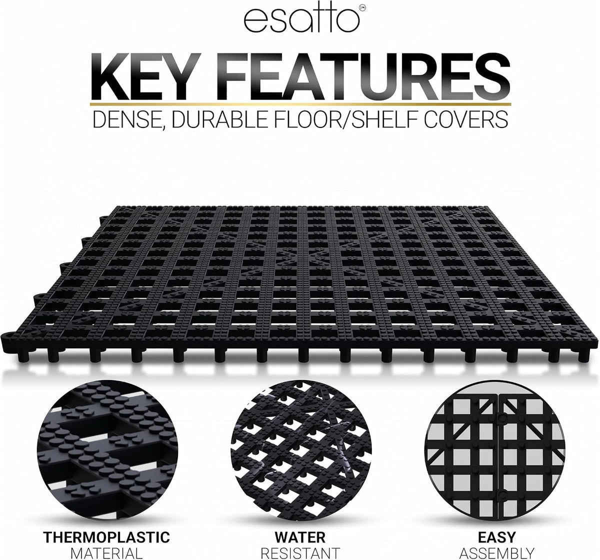 Esatto 12x12 Interlocking Shelf Mats, Firm Wire Rack Liners, 6 Pack, Black