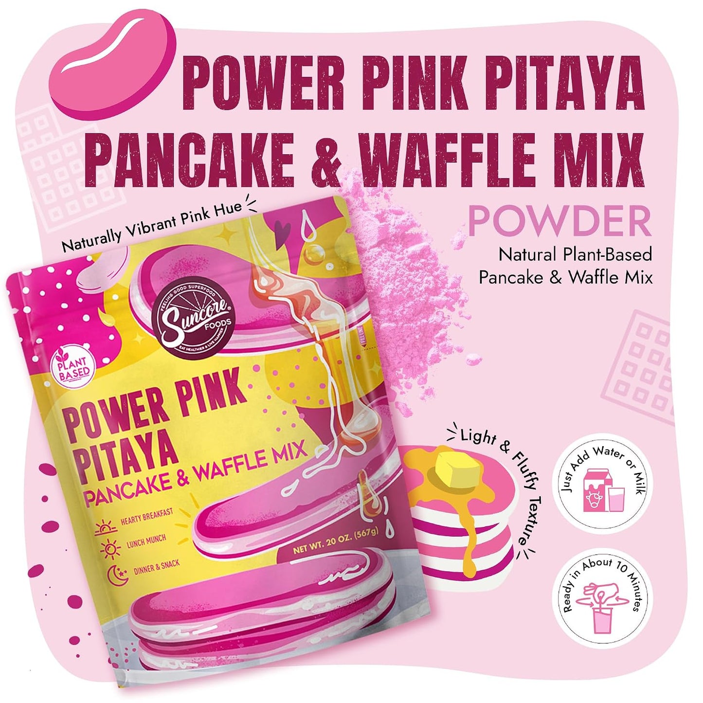 Suncore Foods Power Pink Pitaya Pancake &amp; Waffle Mix 20oz | Plant-Based | Natural Pink Color Red Dragon Fruit Pancake, Waffle &amp; Crepe Mix, Vegan, For Breakfast &amp; Desserts, Non-Dairy, Resealable Pouch
