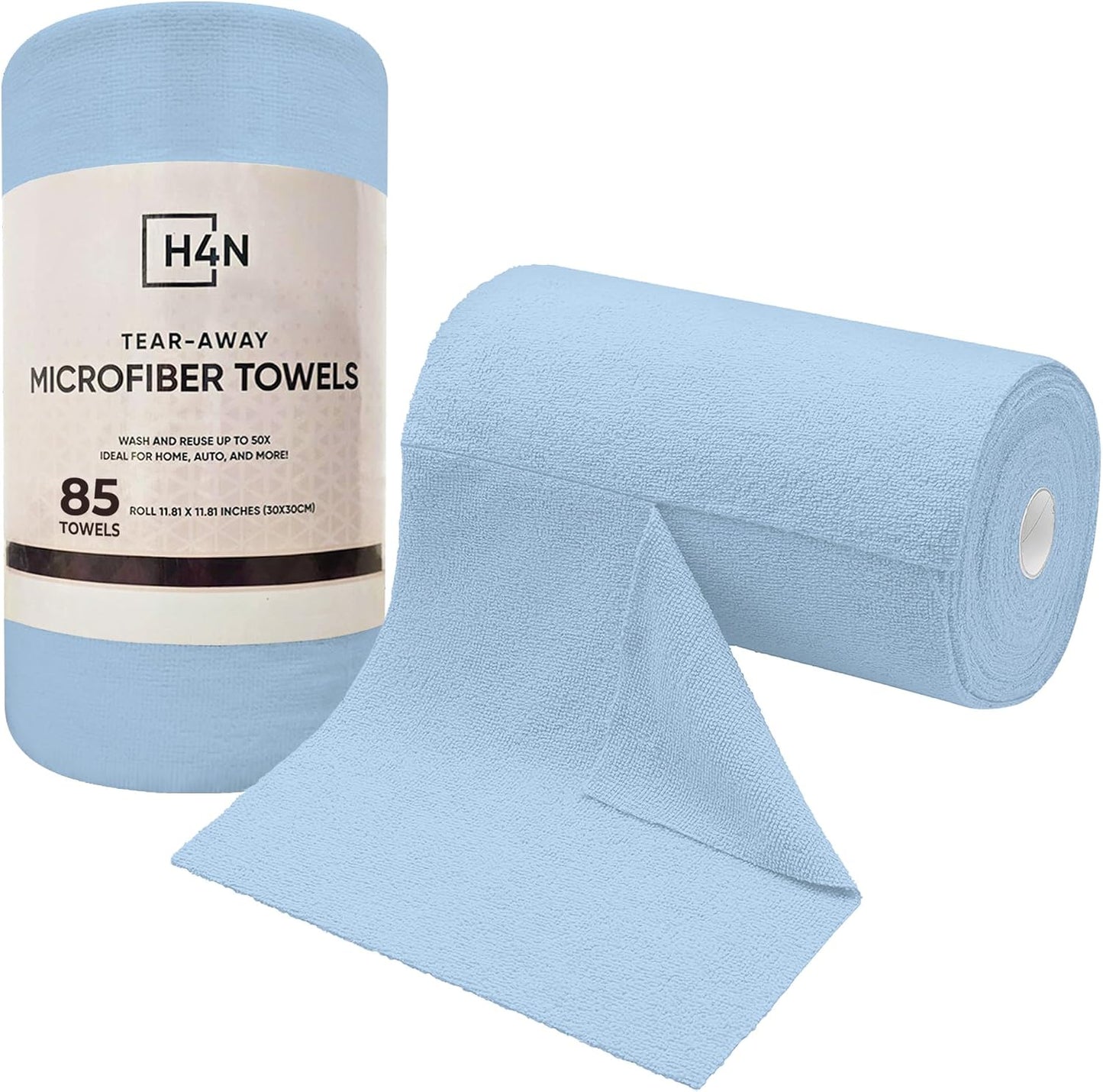 H4N Microfiber Cleaning Cloth Roll, 85 Pack Tear-Away Reusable Paper Towel Alternative, Ultra Absorbent, Lint-Free Towels for Kitchen, Car, Home &amp; All-Purpose Cleaning, 11.81" x 11.81", Blue