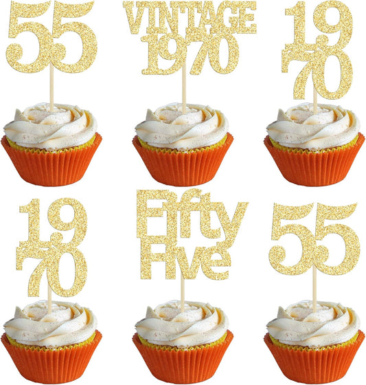 Gyufise 24Pcs 55th Birthday Cupcake Toppers Glitter Cheers to 55 Fabulous Fifty Five Vintage 1970 Cupcake Picks 55th