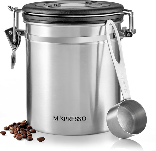 Mixpresso 16 Oz Coffee Canister with Scoop, Stainless Steel Airtight Coffee Container, Air tight Jar Tea Storage with Date