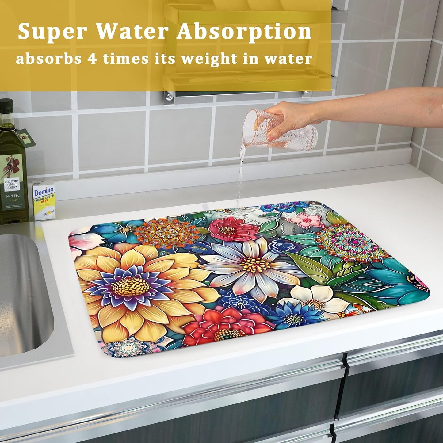 Boho Floral Dish Drying Mat for Kitchen Counter 18x24 Inch Super Absorbent Microfiber Kitchen Drying Mat Bohemian Flower Dish Drainer Rack Mat Reusable Washable Dish Drying Pad for Kitchen Coffee Bar