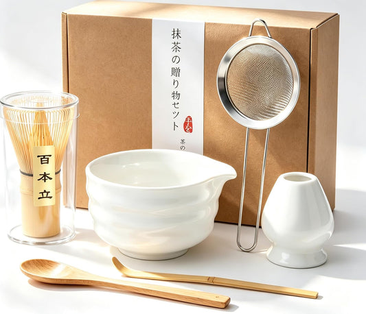 6 Pcs Matcha Set - Matcha Whisk Set &amp; Matcha Bowl Set with Bamboo Scoop, Stainless Steel Sifter, 19 oz Ceramic Pouring Bowl, Matcha Spoon, Whisk Holder - Japanese Tea Ceremony Kit for Gifts (White)