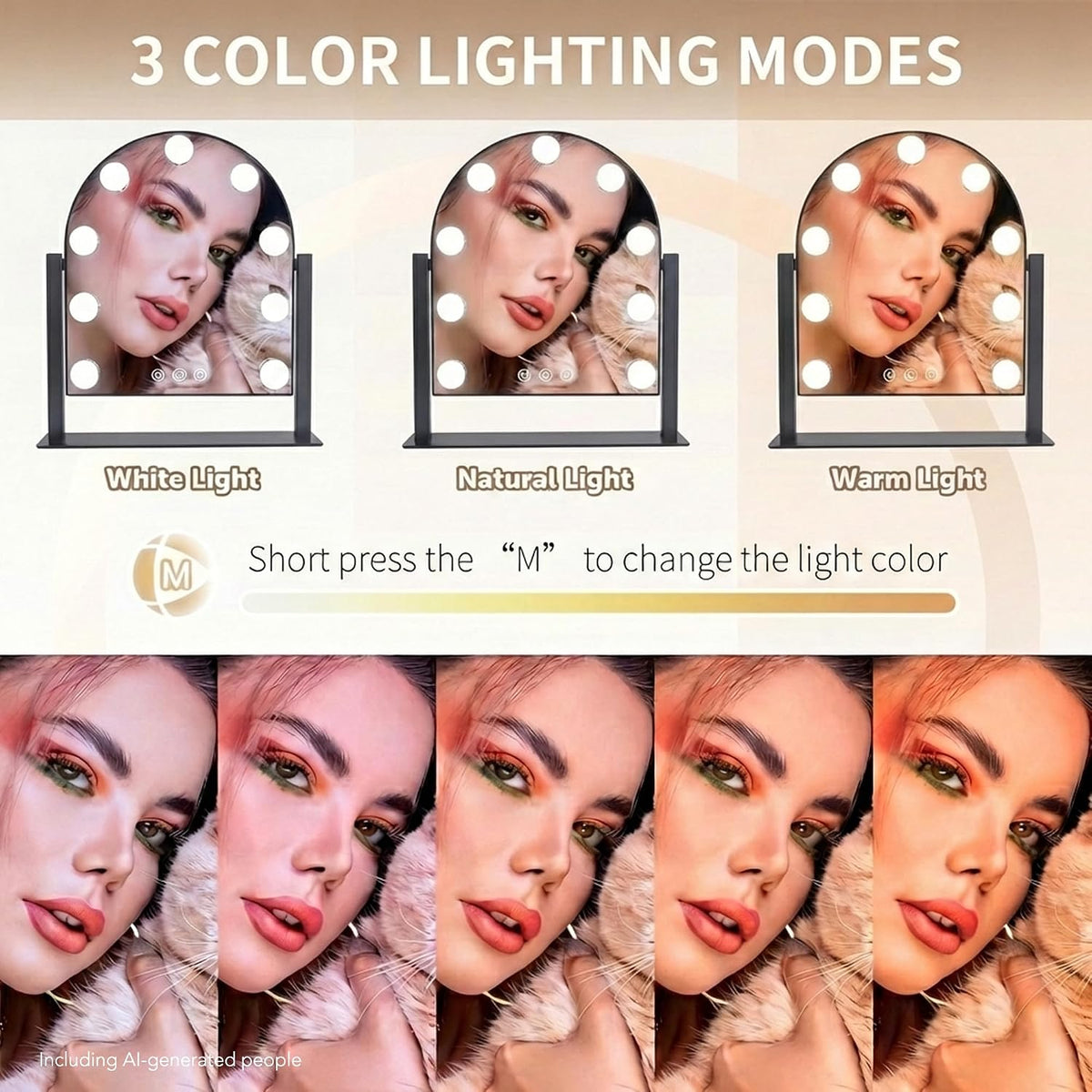Arched Makeup Vanity Mirror with Lights,10X,Black,14.17"x11.81" | Vanity Mirror with Detachable 10X Magnification Mirror, Rechargeable, 3 Color Lights,Smart Touch, 360‑Degree Swivel