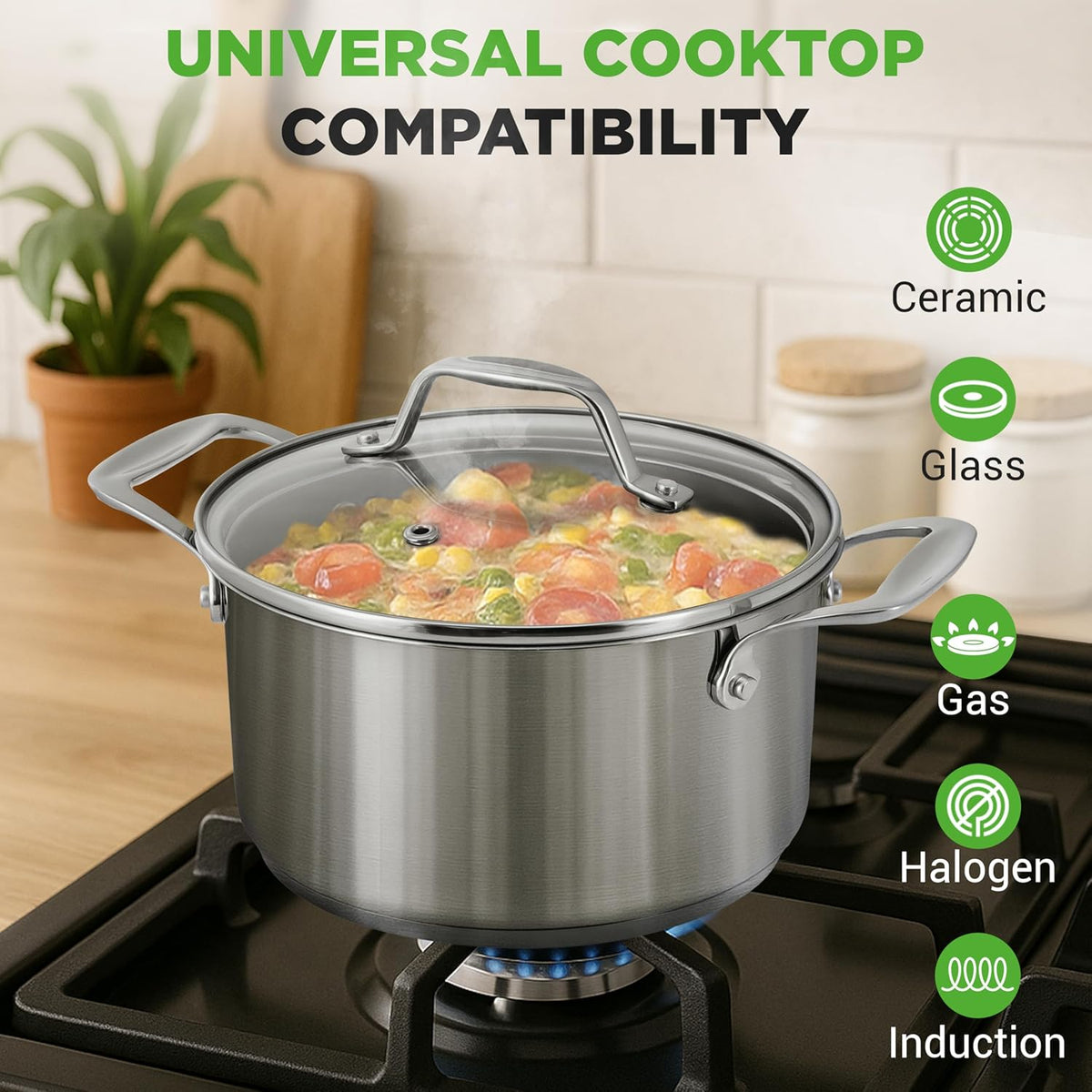 NutriChef 6-Quart Stainless Steel Stockpot – 18/8 Food Grade Heavy-Duty Induction-Compatible Pot with See-Through Lid, Ideal for Stews, Broths, Simmering & Soups, Dishwasher Safe – NCSP6
