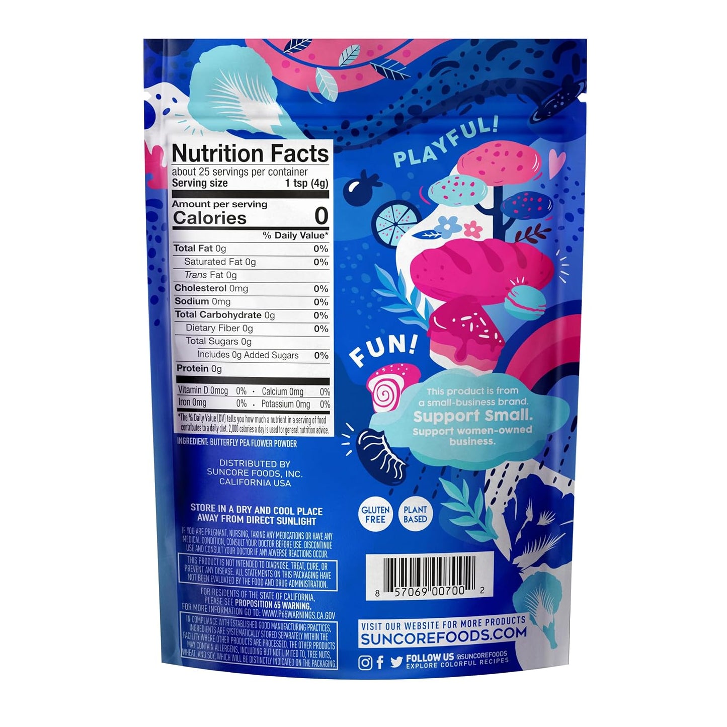 Suncore Foods Butterfly Pea Flower Powder 3.5oz | Gluten Free | Vegan | Natural Blue Food Coloring, Blue Tea for Color-Changing Drinks, Baking, Desserts, Smoothies, Craft, Non-GMO, Resealable Pouch