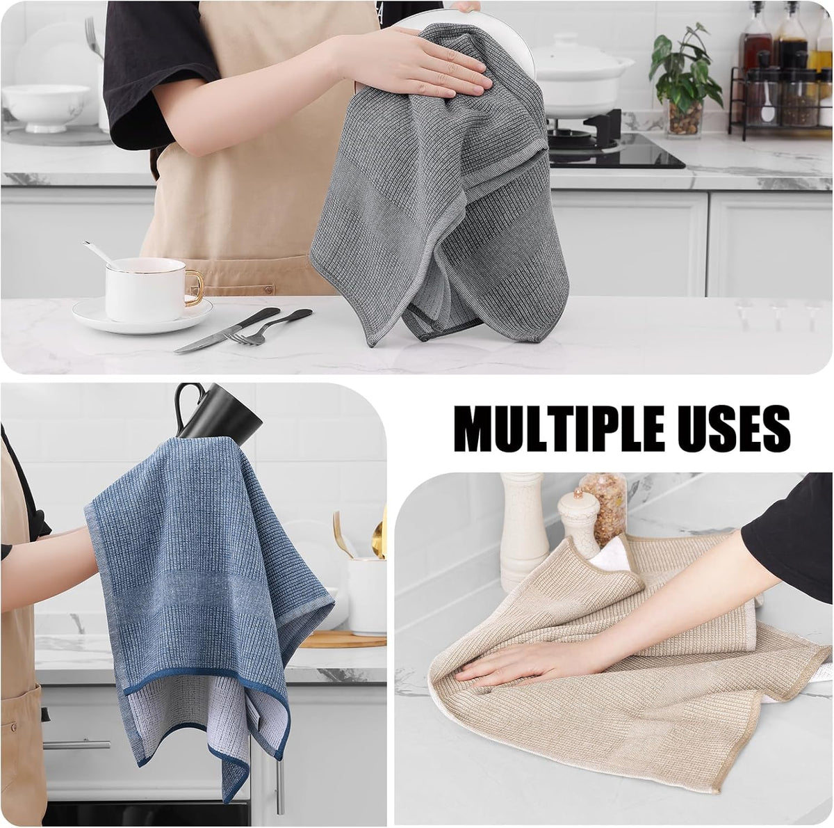 Homaxy Premium Kitchen Towels(18”x 28”, 12 Pack), Large Cotton Kitchen Hand Towels, Flat and Terry Dish Towels, 380 GSM Highly Absorbent Tea Towel Set with Hanging Loop, Grey/Khaki/Black