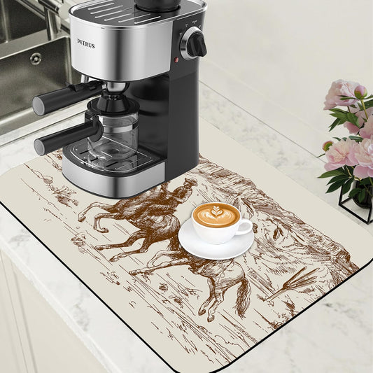 Dish Drying Mat Desert with Cowboys Coffee Bar Mat for Countertop Absorbent Coffee Mat Rubber Backed Hide Stain Dish Drainer
