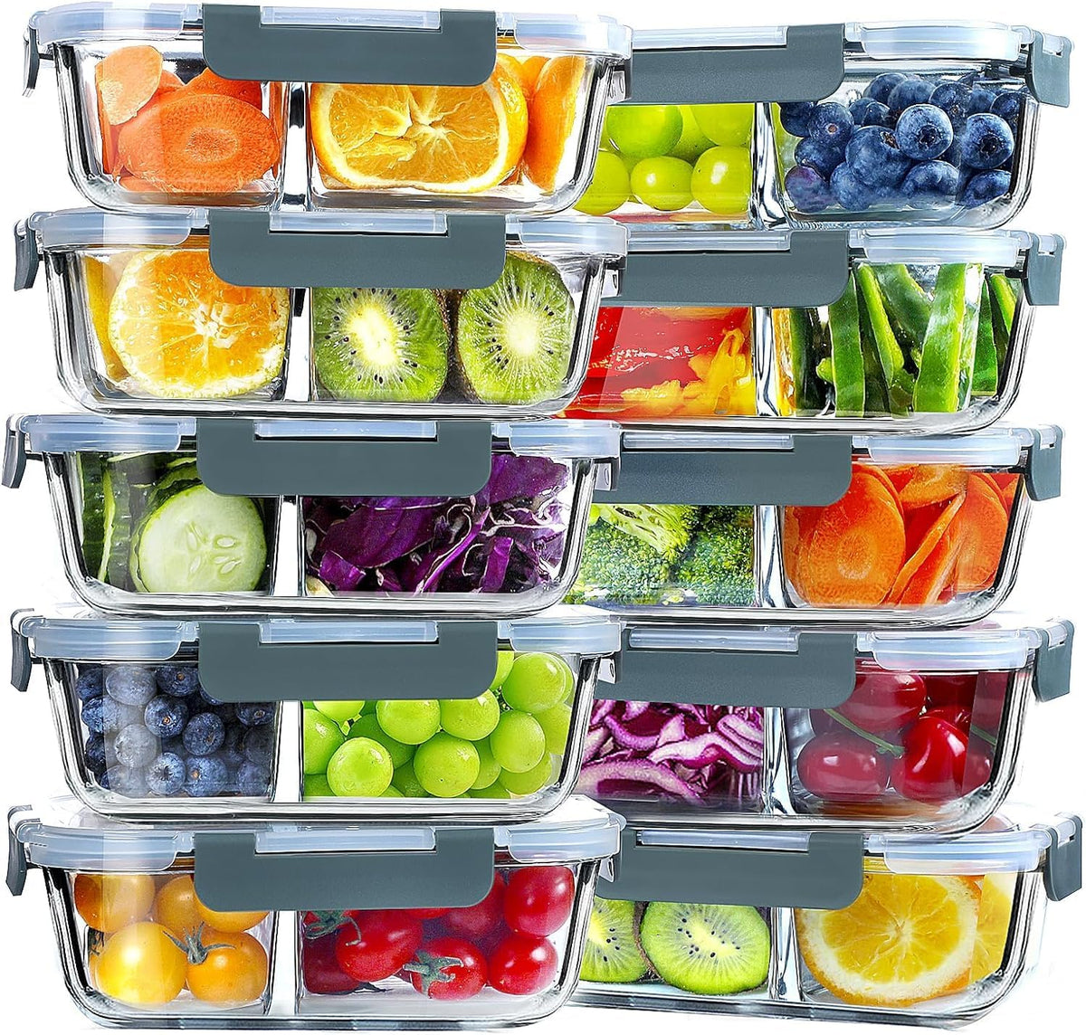 VERONES 10 Pack Glass Meal Prep Containers 2 Compartment Set, 30 OZ Airtight Glass Lunch Containers, Food Storage Containers with Lids, for Microwave, Oven, Freezer & Dishwasher Friendly，White
