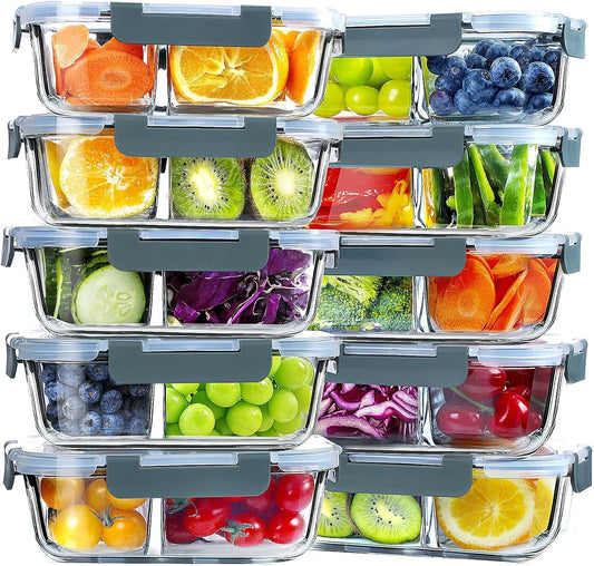 VERONES 10 Pack Glass Meal Prep Containers 2 Compartment Set, 30 OZ Airtight Glass Lunch Containers, Food Storage Containers with Lids, for Microwave, Oven, Freezer & Dishwasher Friendly，White