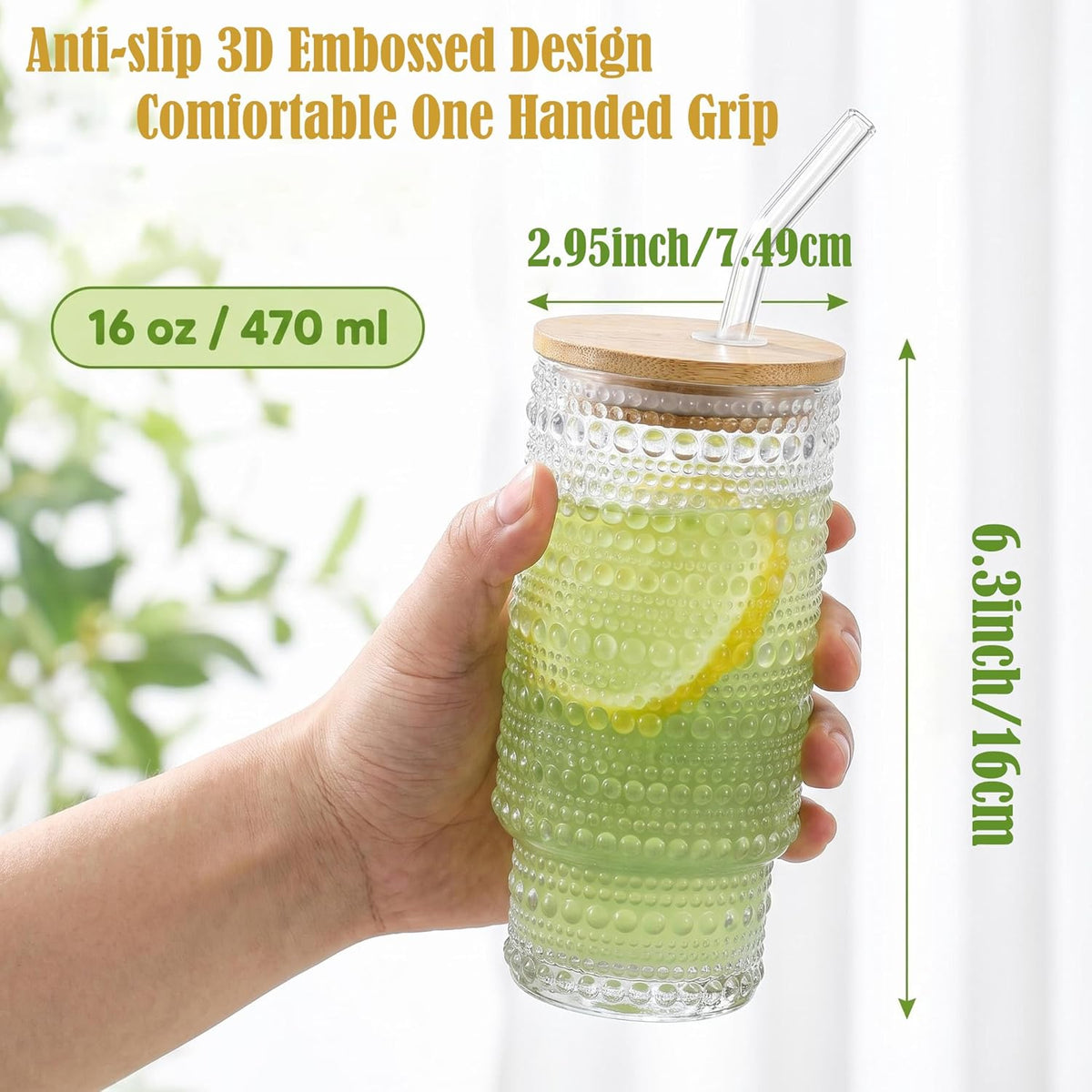 Glass Cups with Lids and Straws 16 oz Hobnail Drinking Glasses | Vintage Iced Coffee Cup with Bamboo Lid, Cute Stackable Glassware for Cocktail Juice Matcha Smoothie Home Kitchen