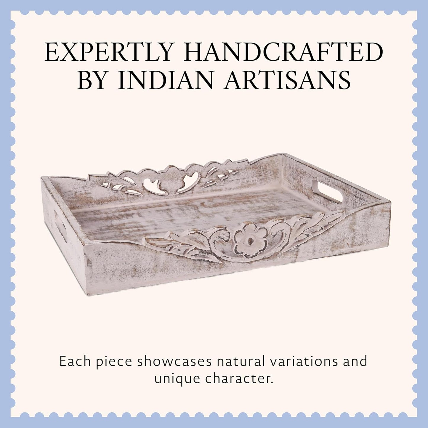 Mela Artisans Orchid Mango Wood Serving Tray - Distressed White, 16x12 in | Ottoman serving tray layout with handles, large handcrafted wooden board excellent for hot coffee, snacks and home décor.