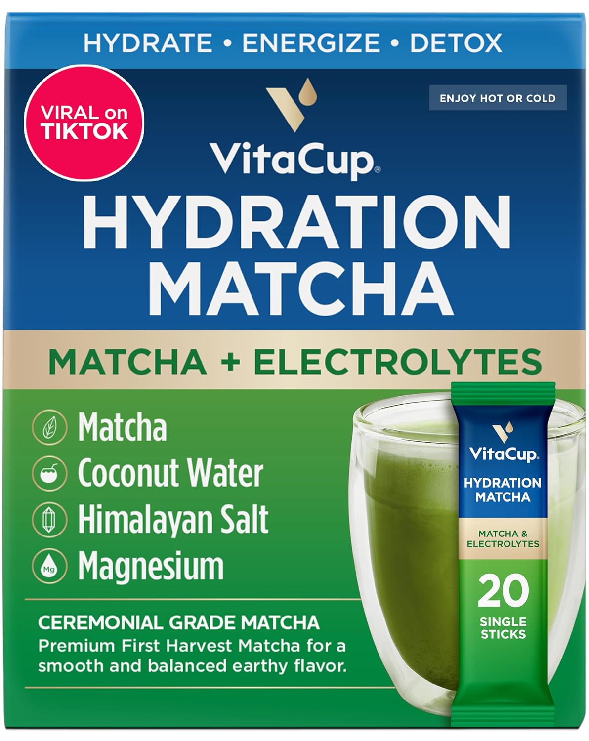 VitaCup Hydration Matcha Instant Packets w/Electrolytes, 20ct | for Natural Energy and Detox, w/Electrolytes, Ceremonial Grade Organic Matcha, Coconut Water, Pink Himalayan Salt, Magnesium