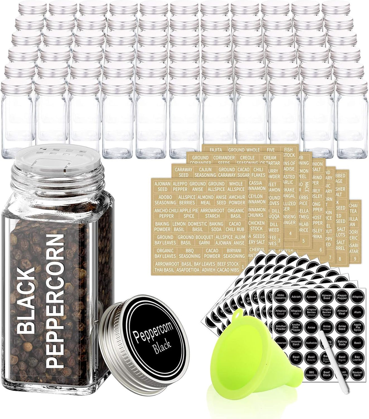 SWOMMOLY 42 Pcs 4 oz Glass Spice Jars with Shaker Lids and 703 Spice Labels