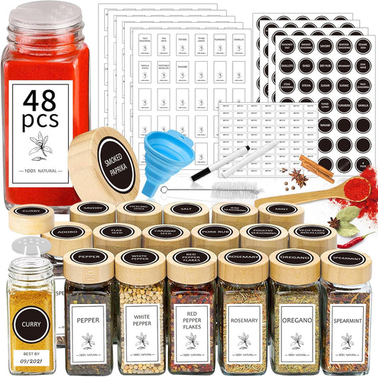 Aliggbent Spice Jars with Lable, 48 Pcs 4 oz Glass Spice Jars with Bamboo Lids, Spice Containers Bottles, Glass Seasoning