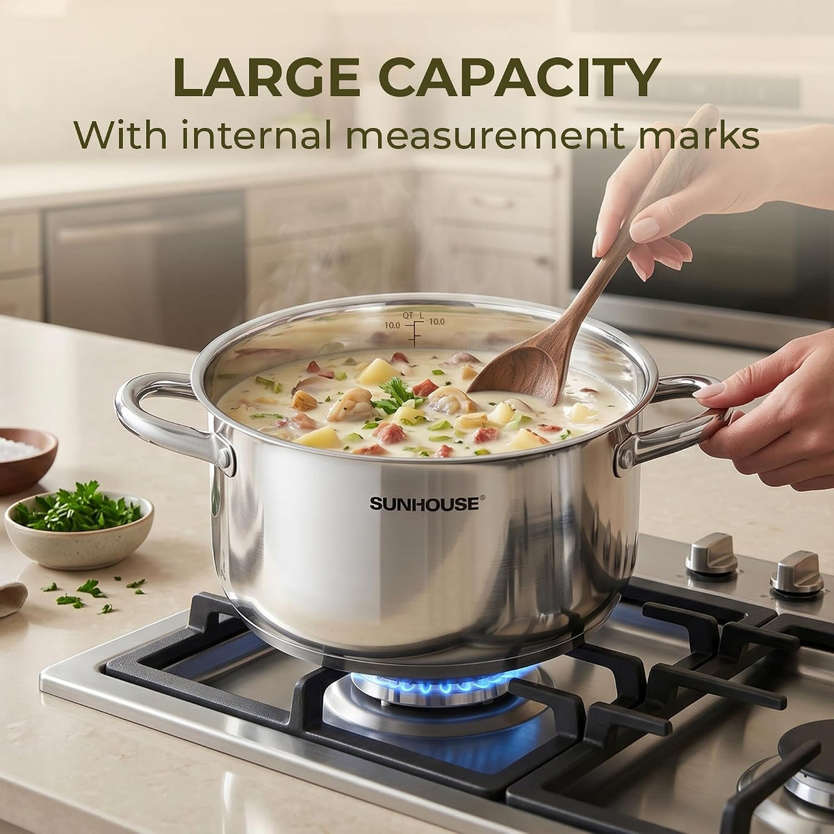 Sunhouse Stainless Steel Stock Pot - 11 Quart Heavy-Duty Induction Cooking Pot with Visible Lid for Pasta, Soup, Spaghetti - Nonstick Thick-Bottom Deep Stockpot for Canning, Boiling, and Simmering