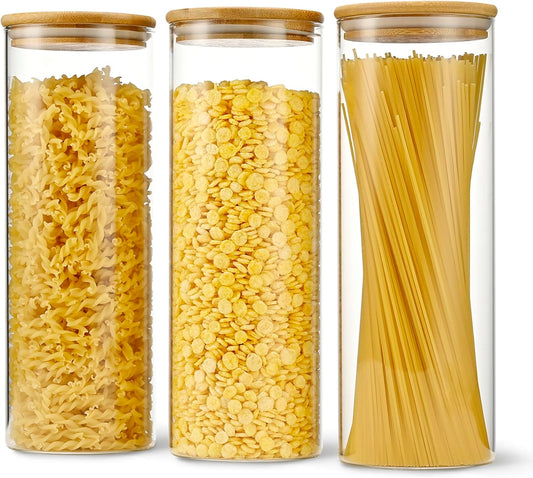 70oz Straight cylindrical Airtight Storage Jars with Bamboo Lid Set of 3 Storage Container Glass Jars, Kitchen Canister for
