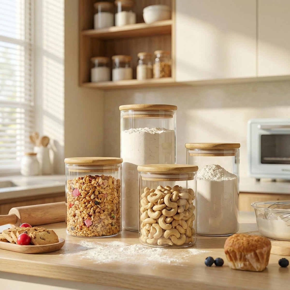 Large Glass Storage Containers with Bamboo Lids for Flour &amp; Sugar, 2 Pack