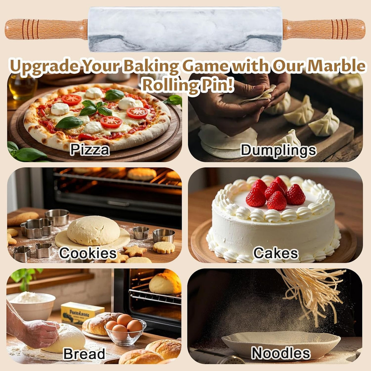 Marble Rolling Pin - 18.9" Marble Rolling Pins for Baking, Pastry, Pizza Dough &amp; More - Polished Non-Stick Surface, Long Dough Roller with Wooden Handles &amp; Base