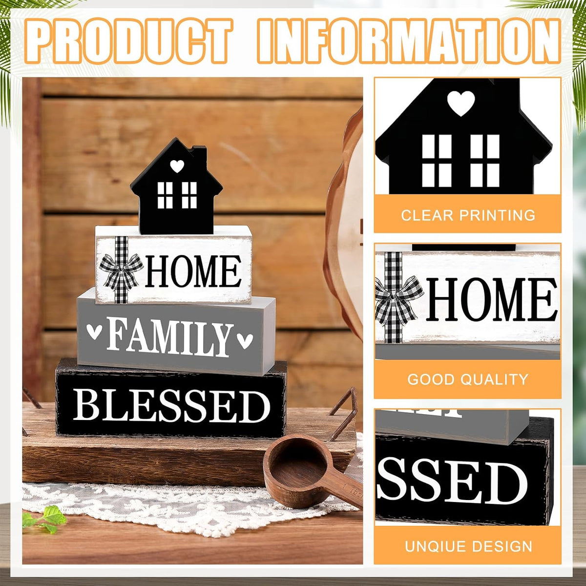Cinnvoice 4 Pcs Farmhouse Table Decoration Rustic Sign Block,Blessed