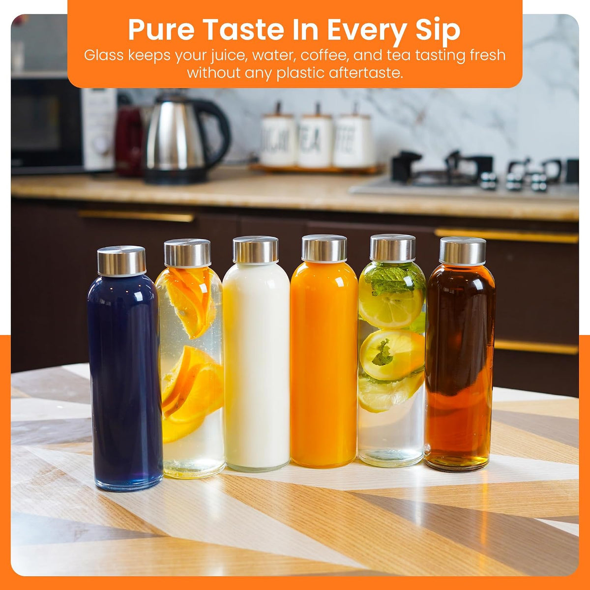 Epica Clear Glass Bottles with Lids 18oz Water Bottles, Steel Cap, 6-Pack