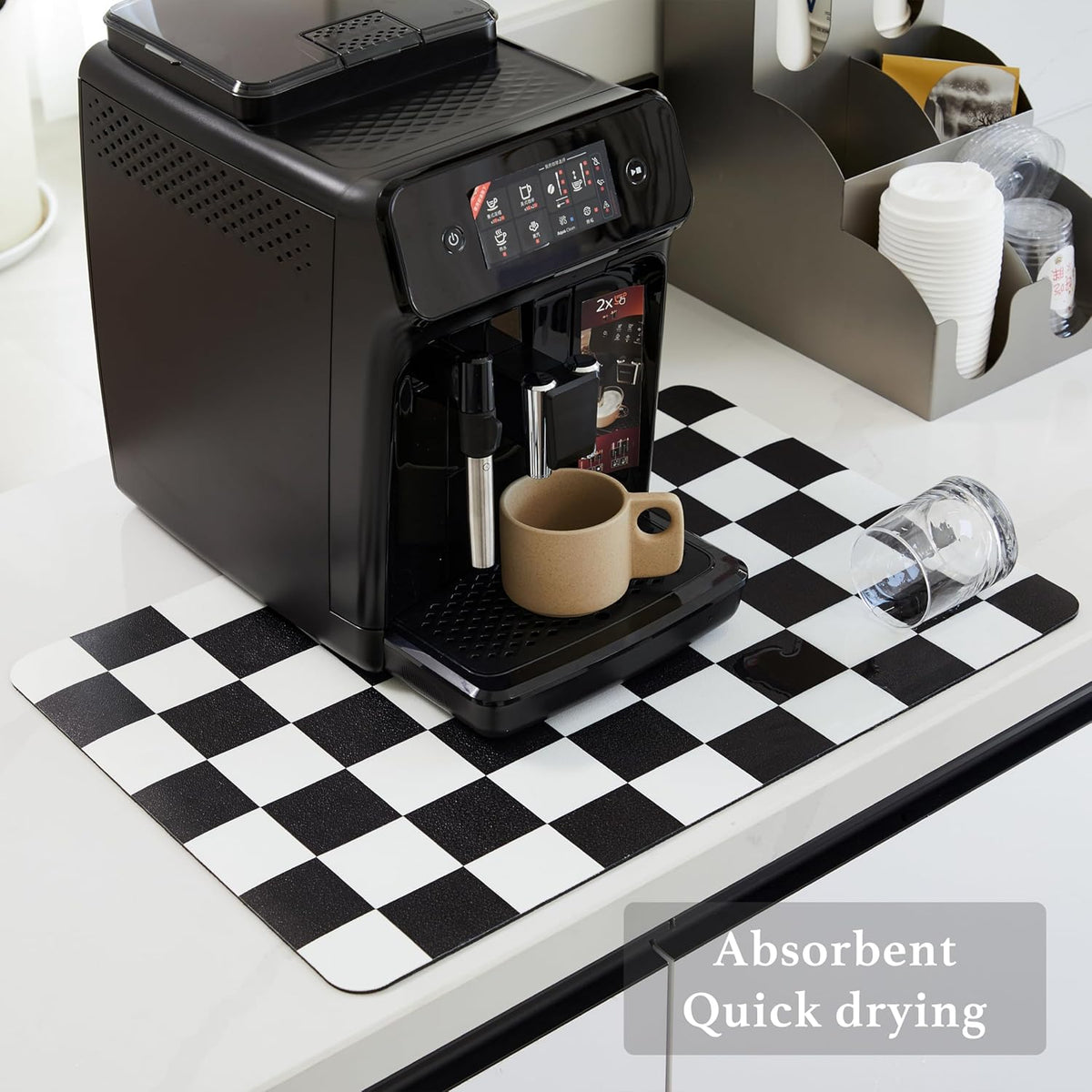 Checkered Dish Drying Mat for Kitchen Counter, Coffee Bar Station Accessories, Retro Cute Aesthetic Modern Absorbent Drainer Mat Kitchen Drying Mat Easy Clean, Black 12" x 19"