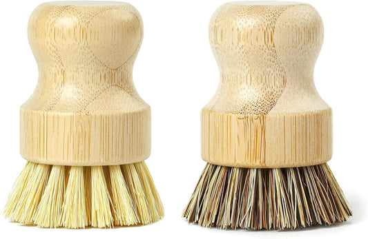 Jungle Culture Kitchen Dish Scrubber Set of 2 • Bamboo Dish Brush for Washing Pots, Pans, Dishes & Plates • Natural Bristle