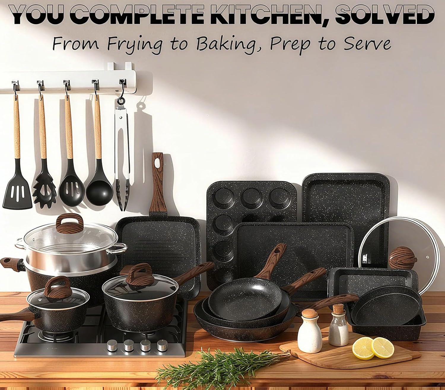 Pots and Pans Set Non Stick, 31 Piece Kitchen Induction Cookware & Bakeware Set, Nonstick Kitchen Cooking Pans Set with