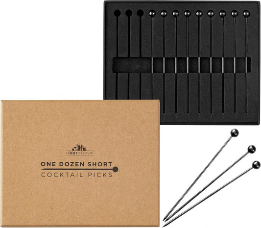 A Bar Above Cocktail Picks, 12 Short 4 Inch Stainless Steel Picks, Black | Reusable Garnish Sticks, For Martinis and Appetizers, Olives and Shrimp, Bar Accessory, Party Serving Skewers, Bar Cart Piece