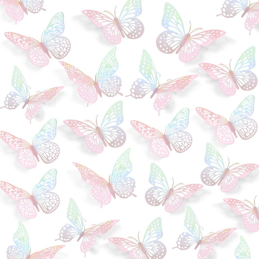 SAOROPEB 3D Wall Decor - 48 Pcs, 4 Styles, 3 Sizes - Laser Pink Butterfly Decorations for Birthday Parties, Removable