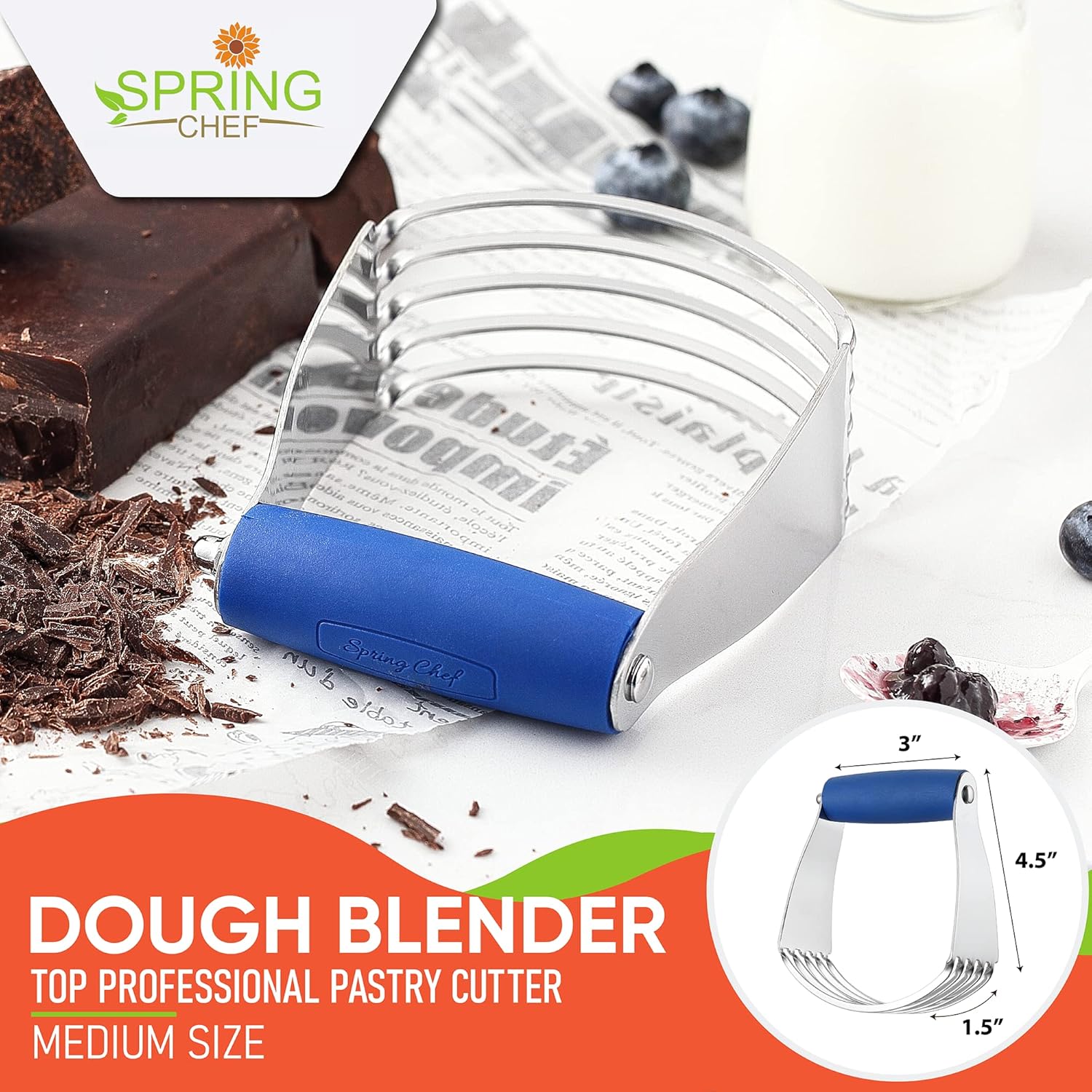 Spring Chef Medium Size Dough Blender For Baking, Dough Cutter Tool, Stainless Steel Puff Pastry Cutter Tool with Soft Grip