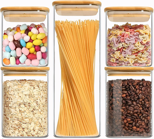 Food Storage Containers with Airtight Bamboo Lids Set of 5, Glass Canisters with Airtight Lids, Glass Food Storage