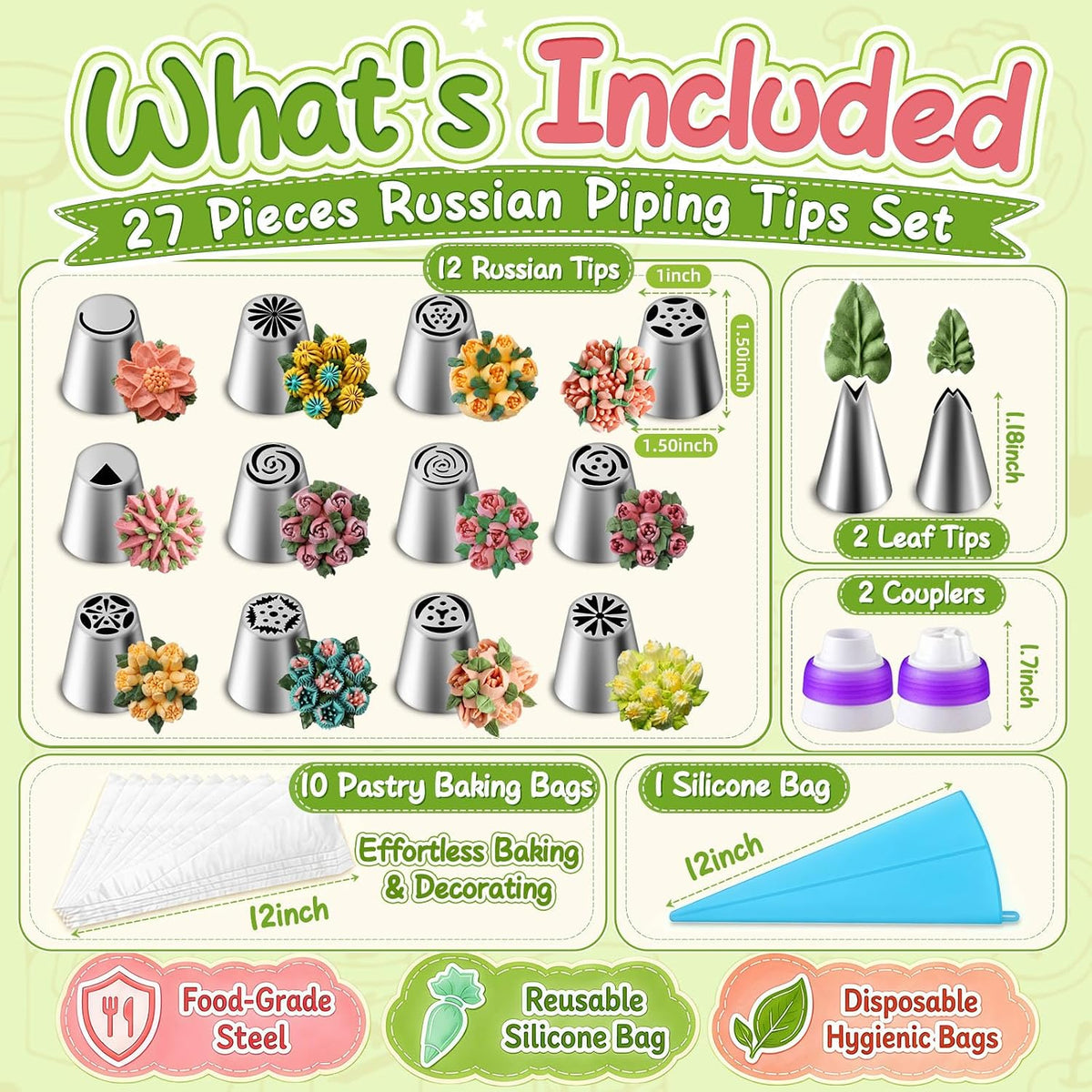 Suuker 27 Pieces Russian Piping Tips Set | 12 Icing Tips, 10 Disposable Piping Bags, 2 Leaf Piping Tips, 2 Couplers, 1 Silicone Bag