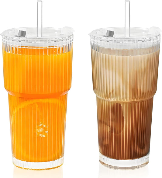 2 Pack 20 Oz Glass Cups with Lids and Straws Iced Coffee Cups Vintage Ribbed Glassware for Beer Ice Coffee Fruit Juice