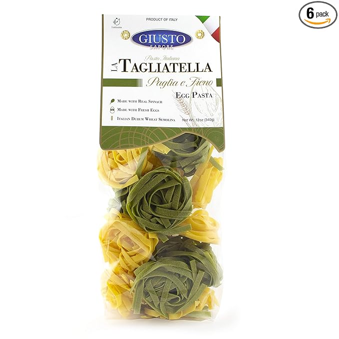 Giusto Sapore Italian Pasta - Egg 340g - Premium Bronze Drawn Durum Wheat Semolina Gourmet Pasta Brand - Imported from Italy and Family Owned (Paglia e Fieno, 6 Pack)