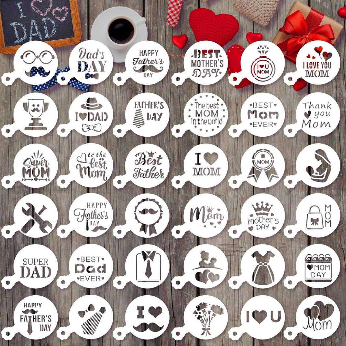 JULBEAR 36Pcs Mother's Father's Day Cookie Cake Stencil Templates | Reusable Mold Tools, Birthday Wedding Party Royal Icing Cake Coffee Dessert Decoration Supplies, Mother's Father's Day