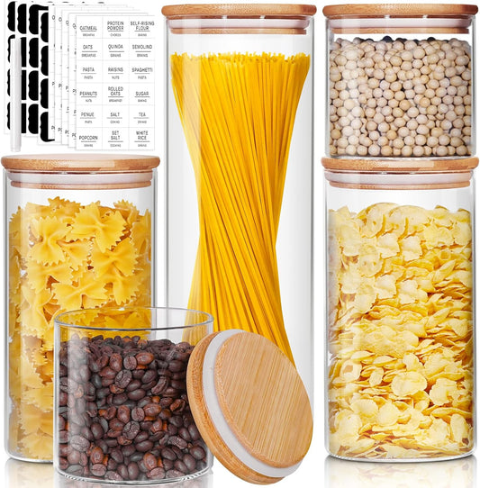 Glass Jars with Bamboo Lids [Muti Size Set of 5], Glass Canisters with Airtight Lids, Glass Food Storage Containers for